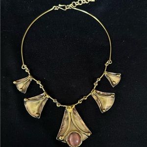 Statement necklace, burnished Goldtone with pink stone.